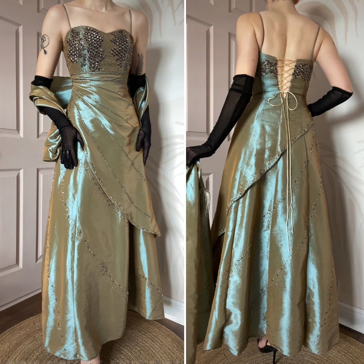 Tiffany Bling green beaded a-line prom dress & shawl UK 8