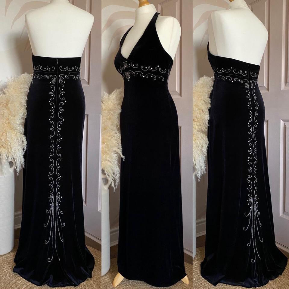 Dave & Johnny black velvet beaded halter-neck dress uk 12