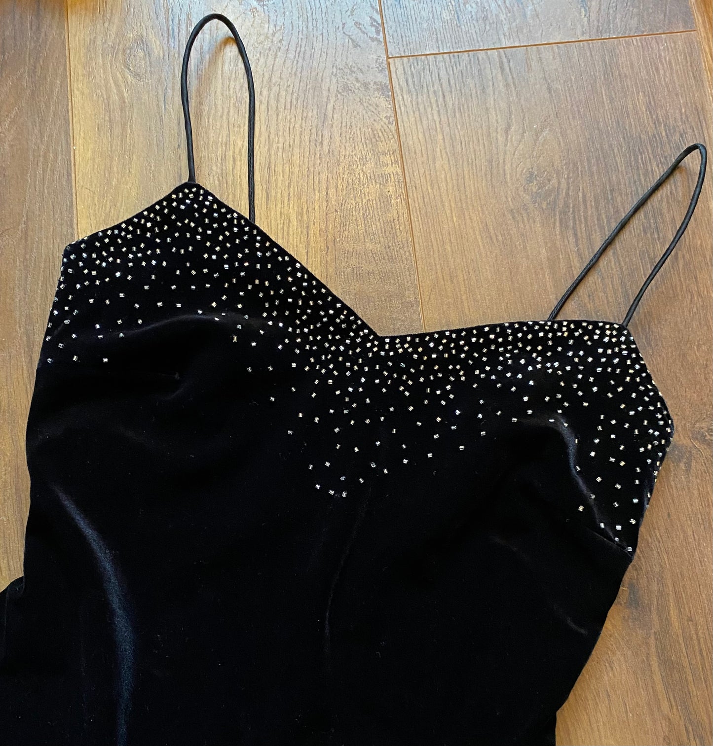 Black 90s Dave & Johnny velvet beaded stretch evening dress UK 8-10