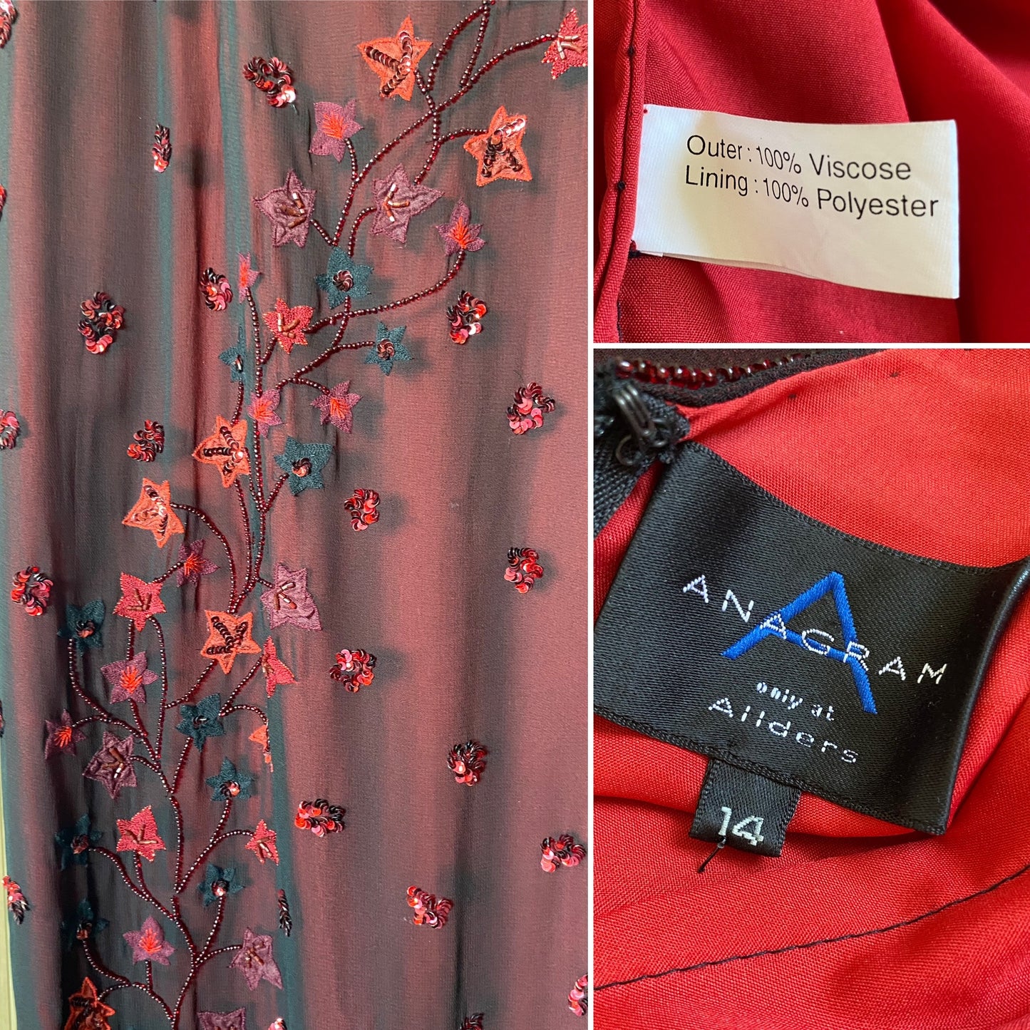 Red & black beaded open back evening dress uk 14