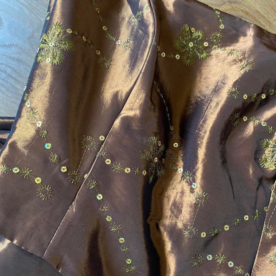 YVE London silky brown layered evening gown UK 12