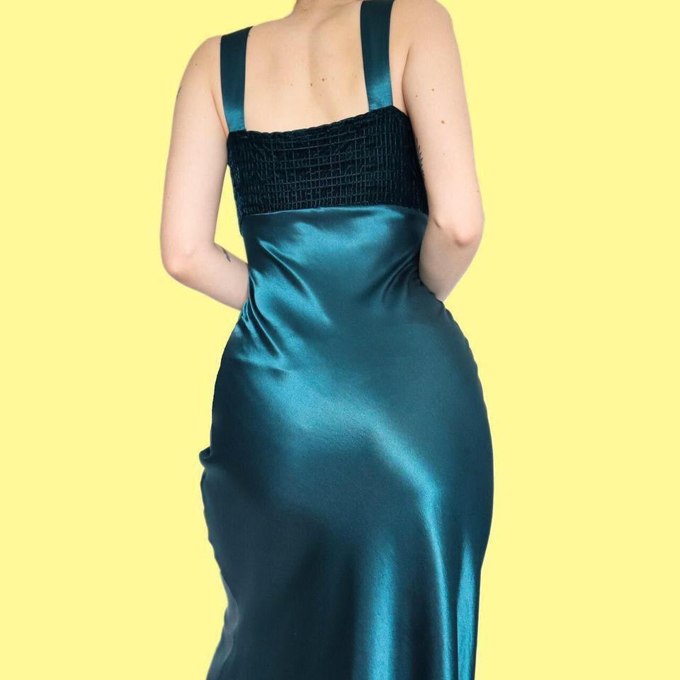 Teal Charlotte Halton 90s satin slip dress UK 12