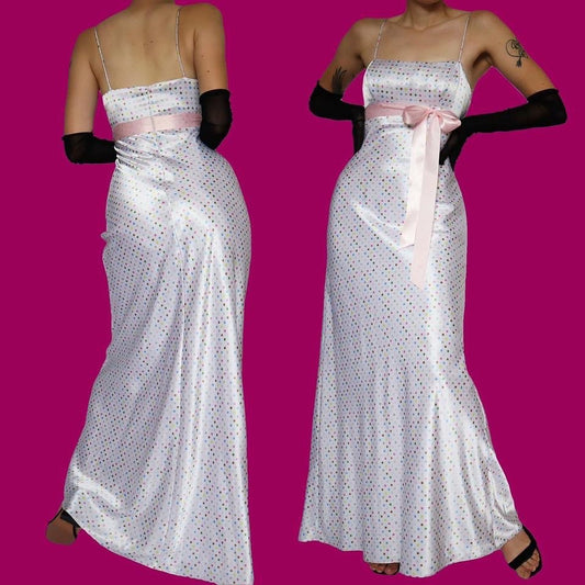 White polka dot silky evening dress UK 10