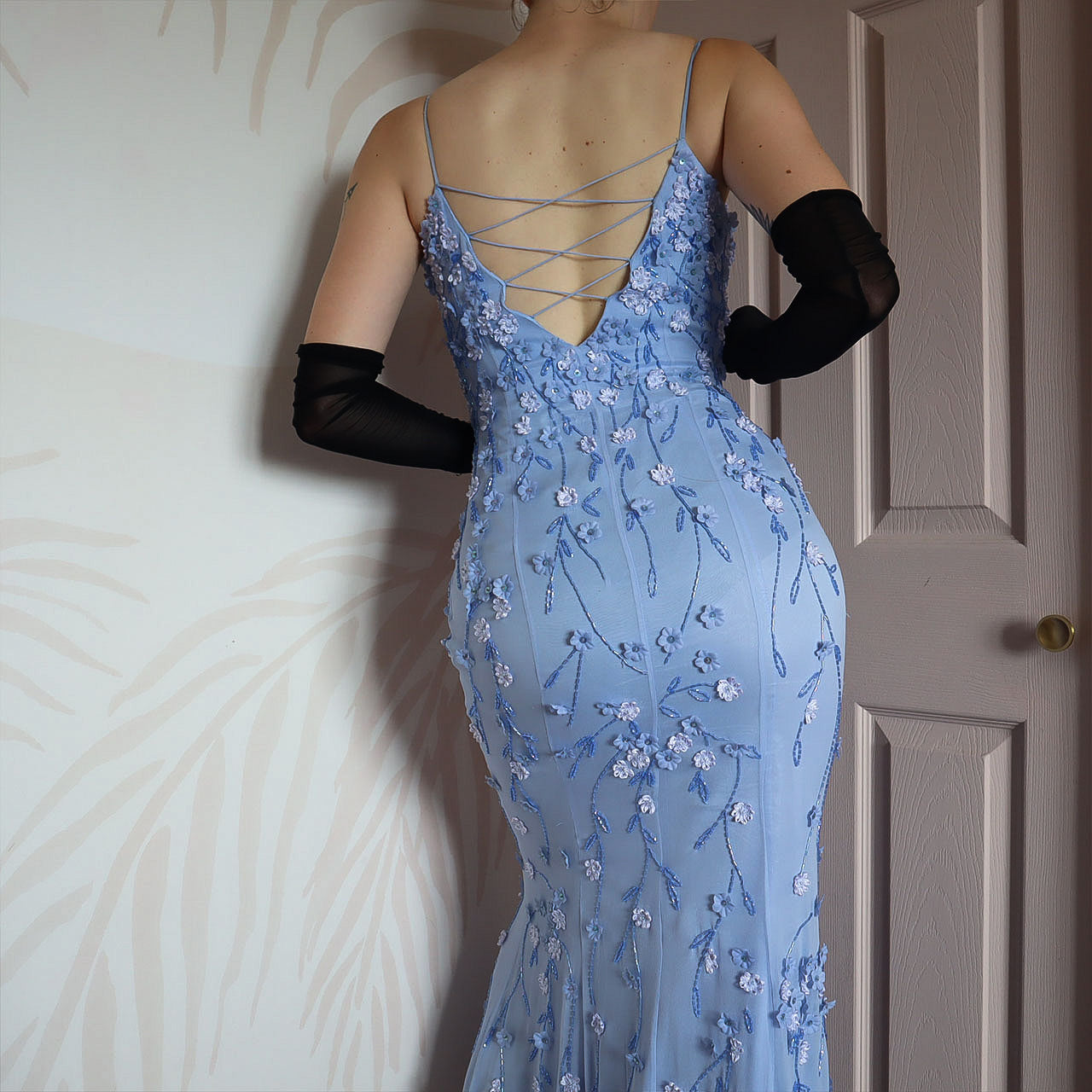 100% silk blue floral beaded evening gown & shawl UK 10