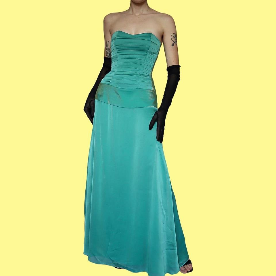 Teal strapless lace up evening gown UK 10