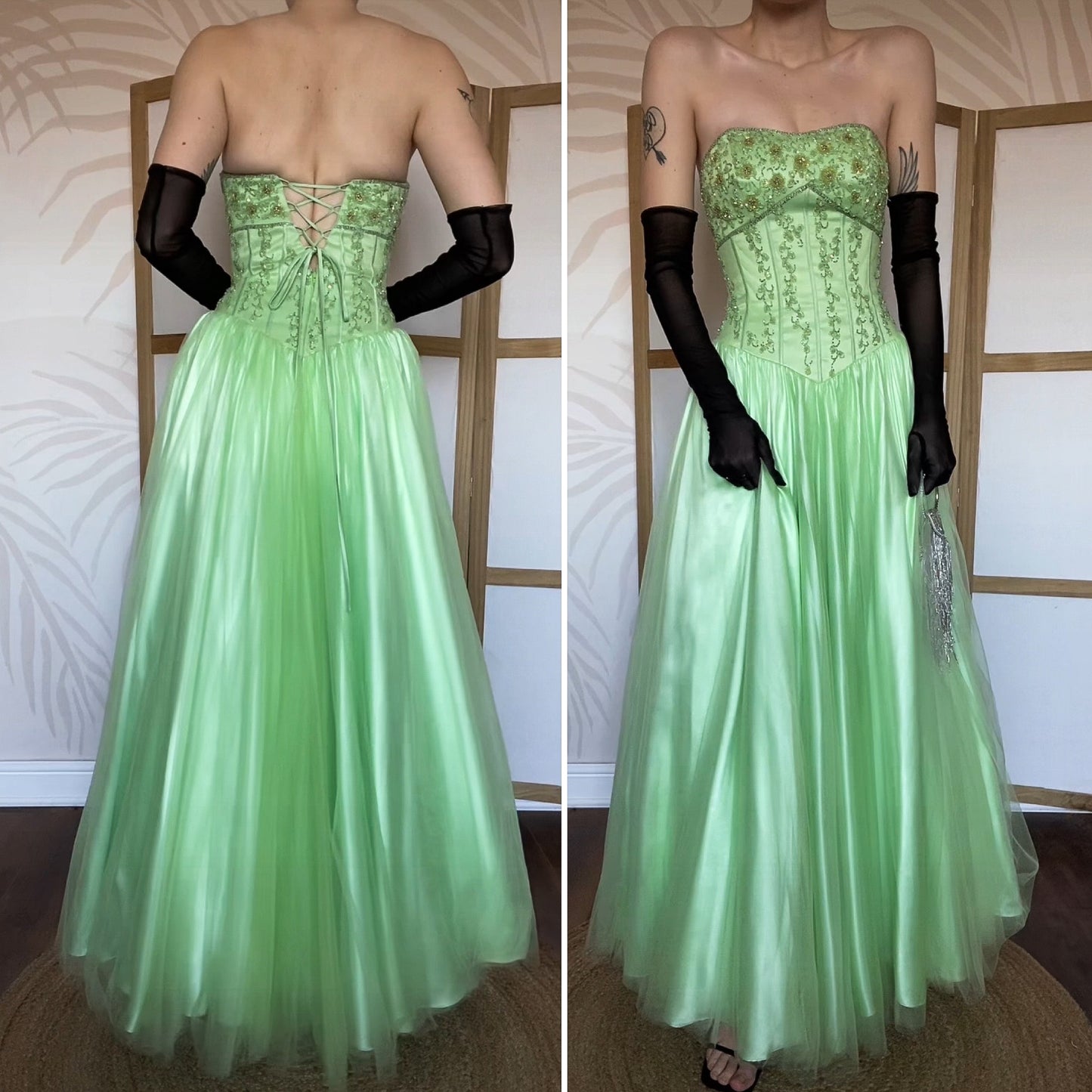 Bright green Tiffany Bling strapless a-line beaded prom dress UK 8