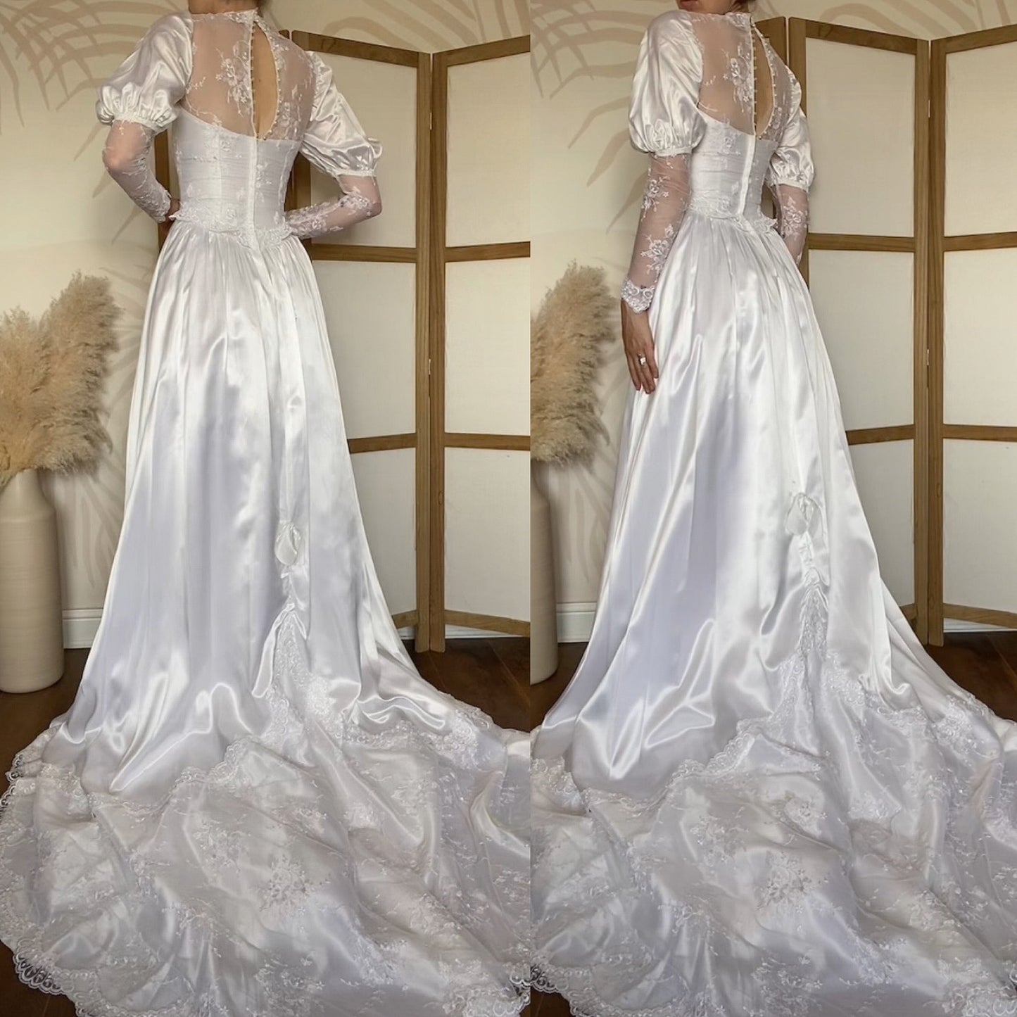 White satin & lace 80s wedding dress UK 6/XS