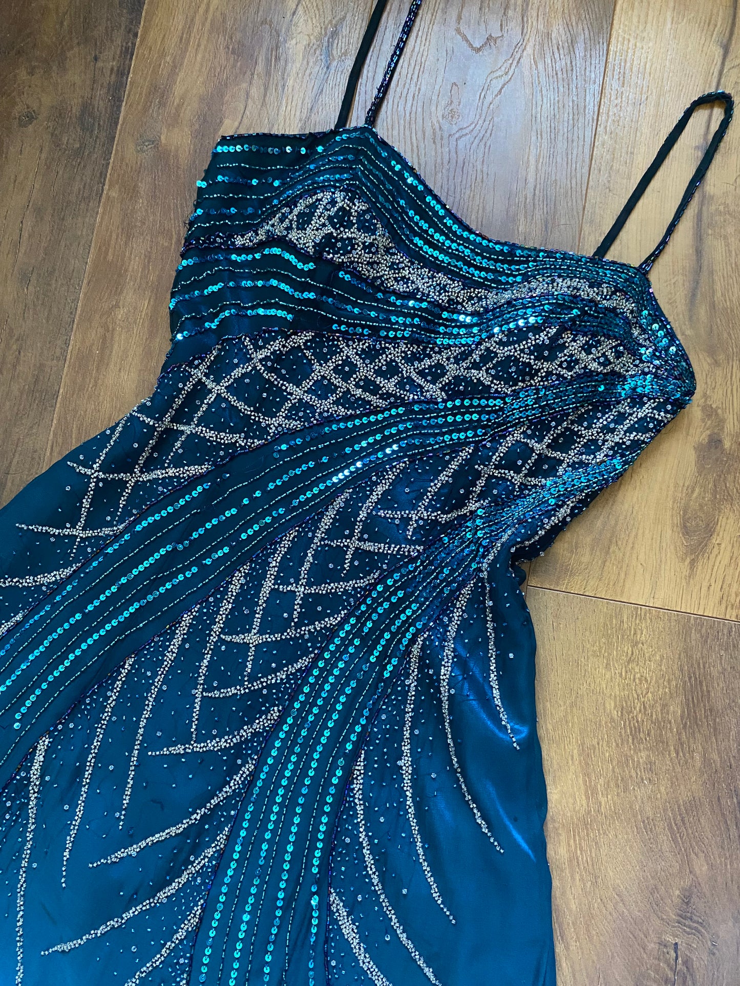 Teal Goya bead & sequin a-line prom dress uk 12