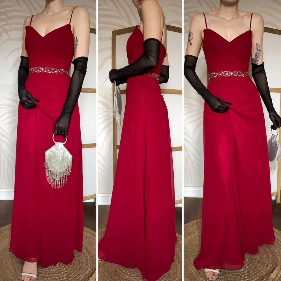 Red Veromia chiffon evening dress UK 8