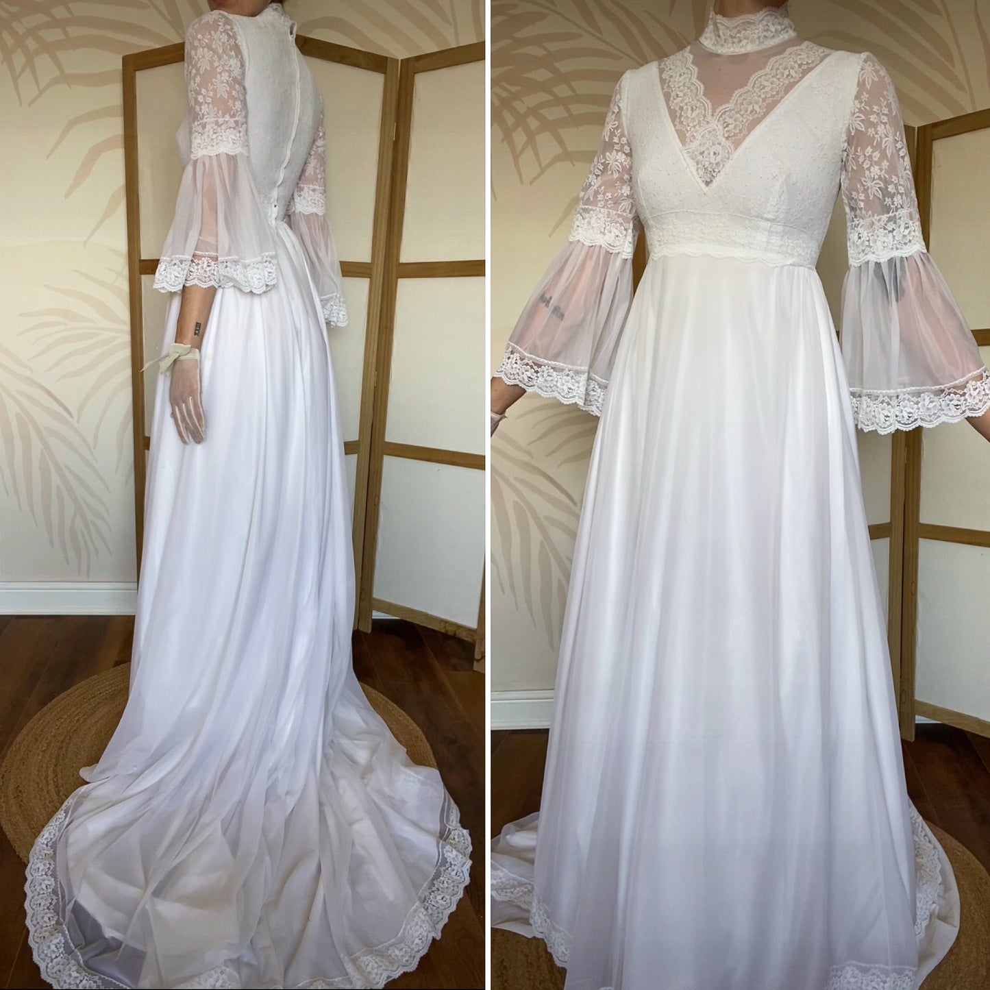 60s white lace flared sleeve wedding dress uk 8