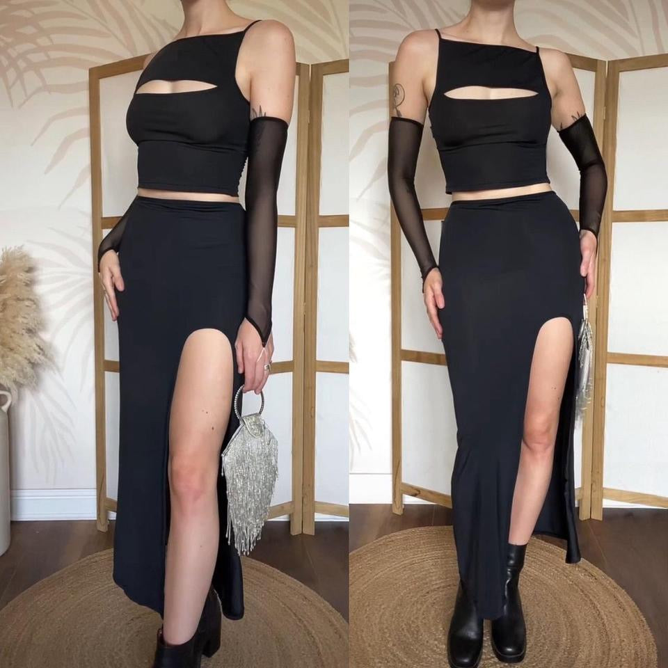 Nick Coleman black stretch cut out 2 piece set uk 10