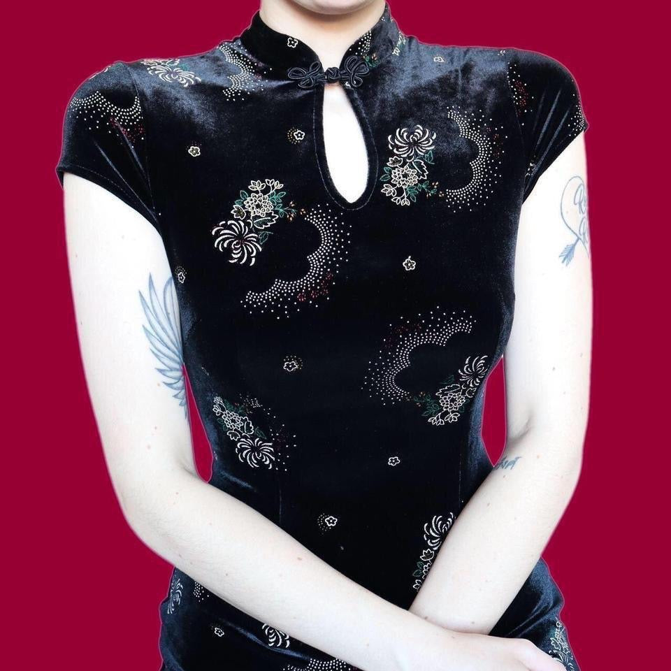 Black velvet print short sleeve dress UK 10 & UK 16