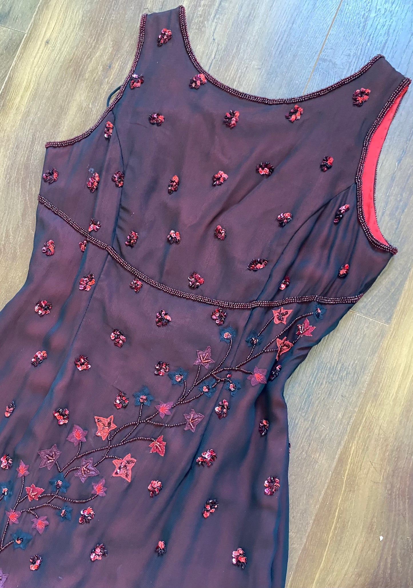 Red & black beaded open back evening dress uk 14