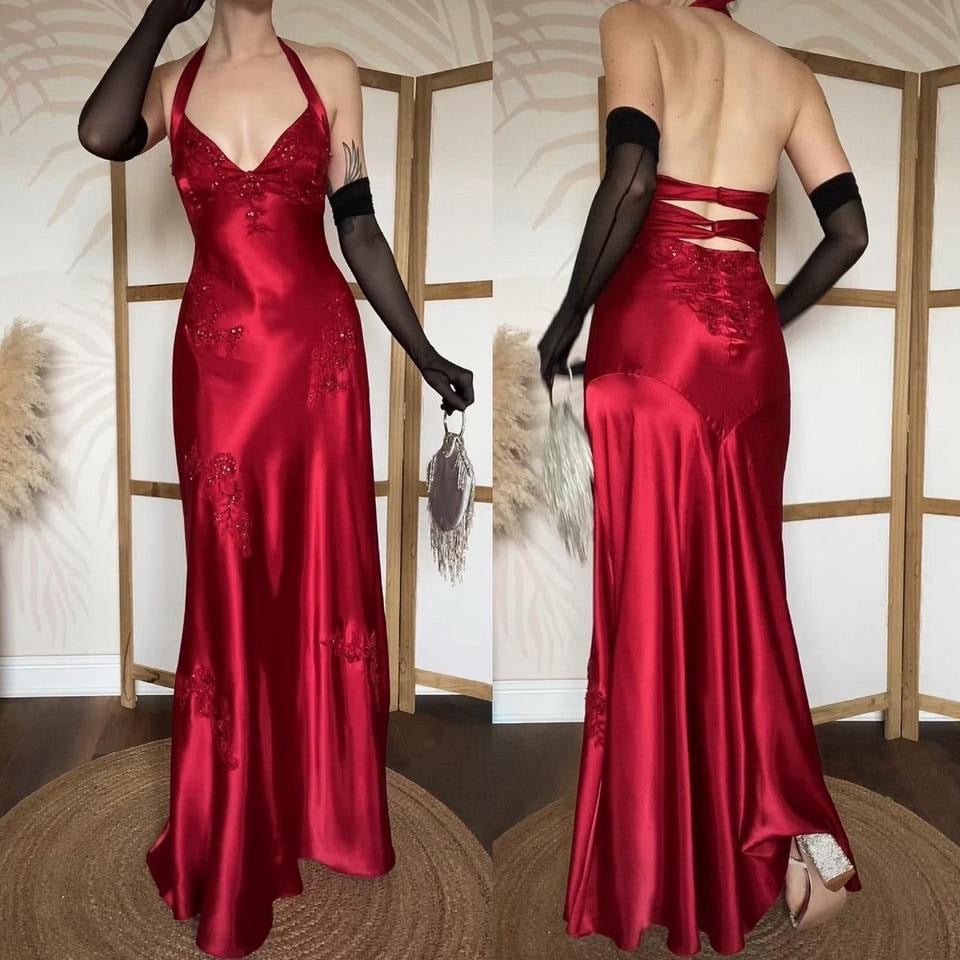Niki Livas red satin halter-neck evening dress uk 12