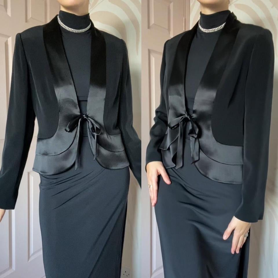Black satin tie front evening jacket UK 10
