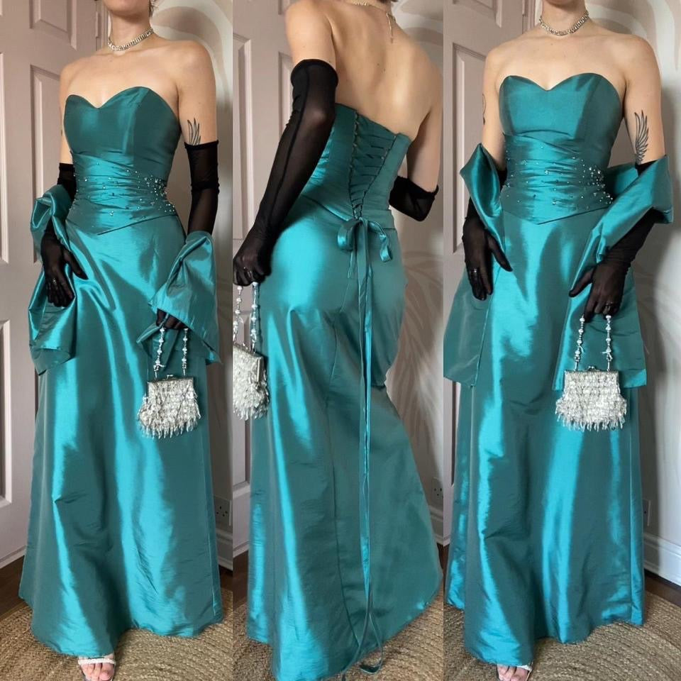 Teal Hilary Morgan strapless gown & shawl UK 12