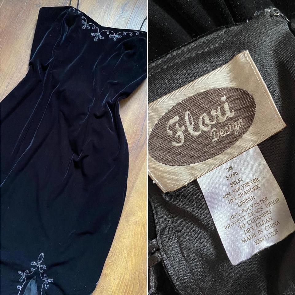 Black velvet stretch 90s flared hem evening dress uk 10/12