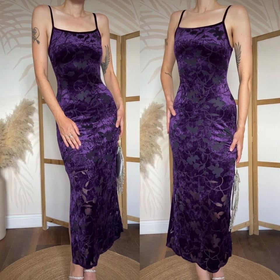 Bhs purple velvet stretch evening dress uk 10