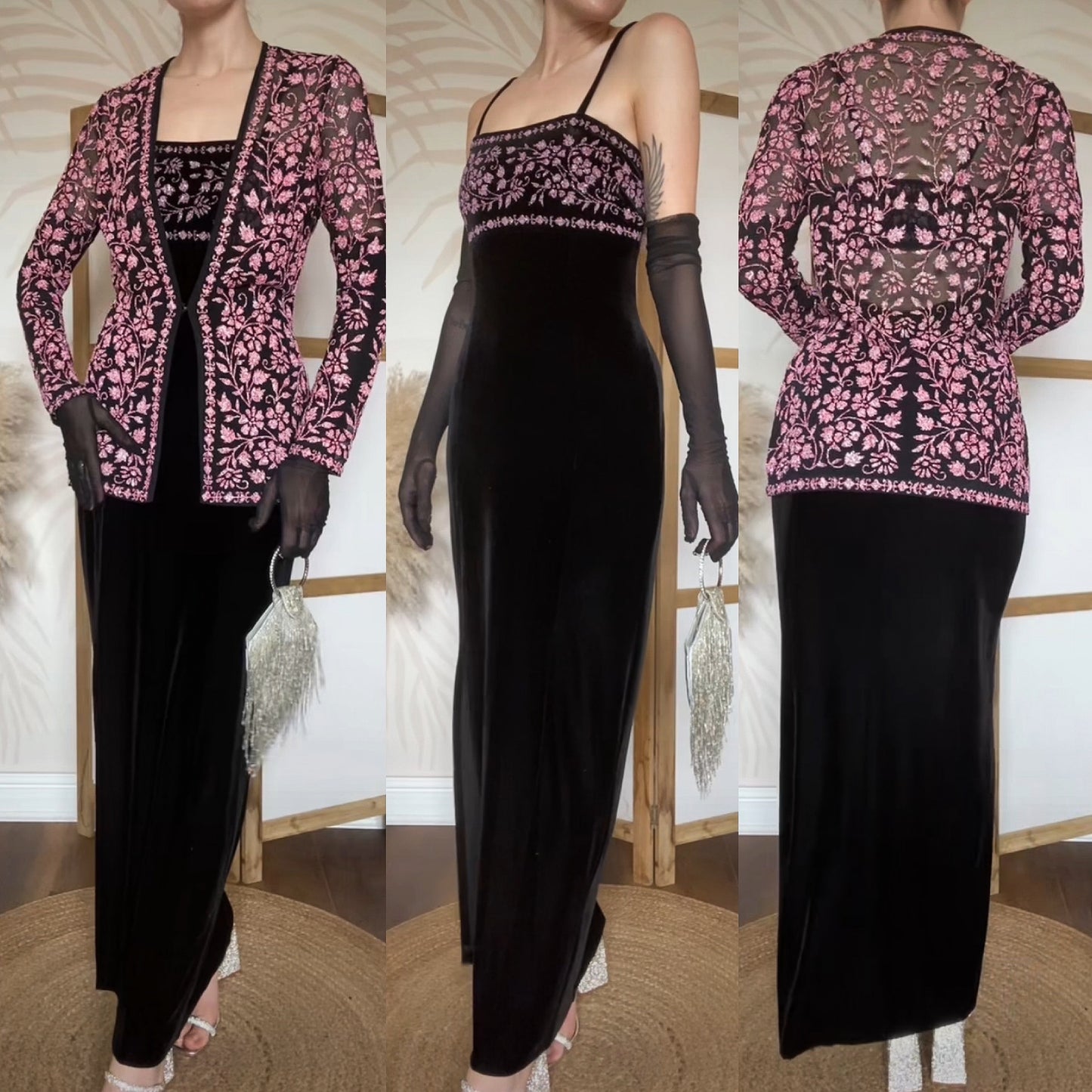 Tadashi black & pink beaded 2 piece dress and jacket uk 12