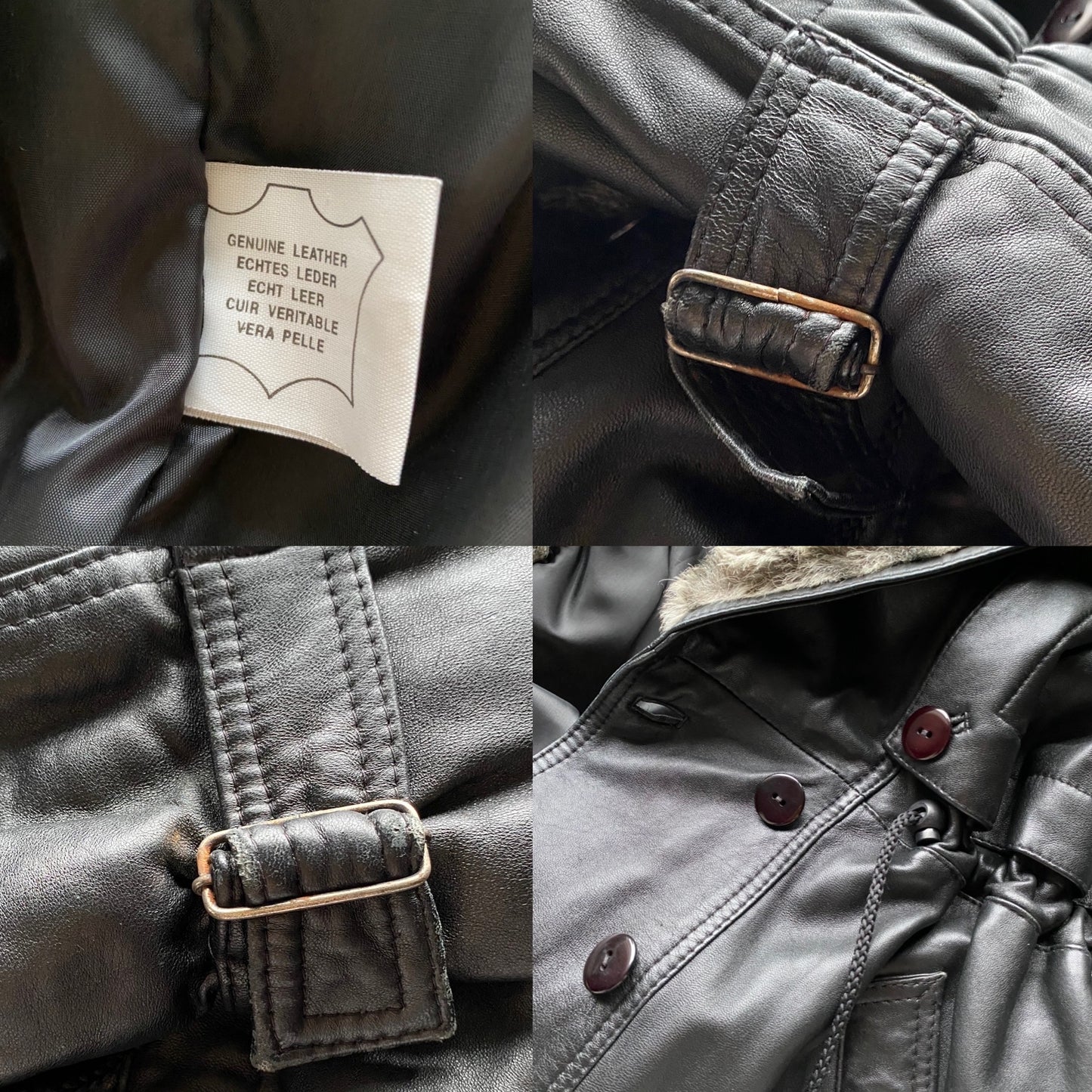 Black real leather faux fur coat UK 12