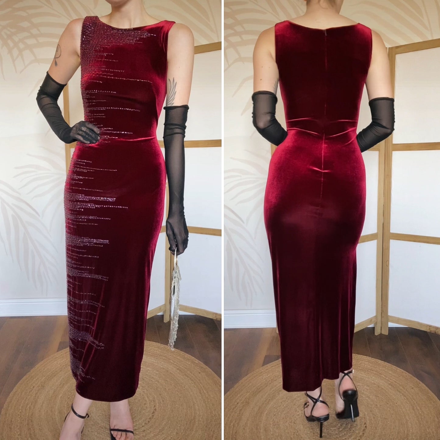 Frank Usher red velvet beaded evening dress uk 12