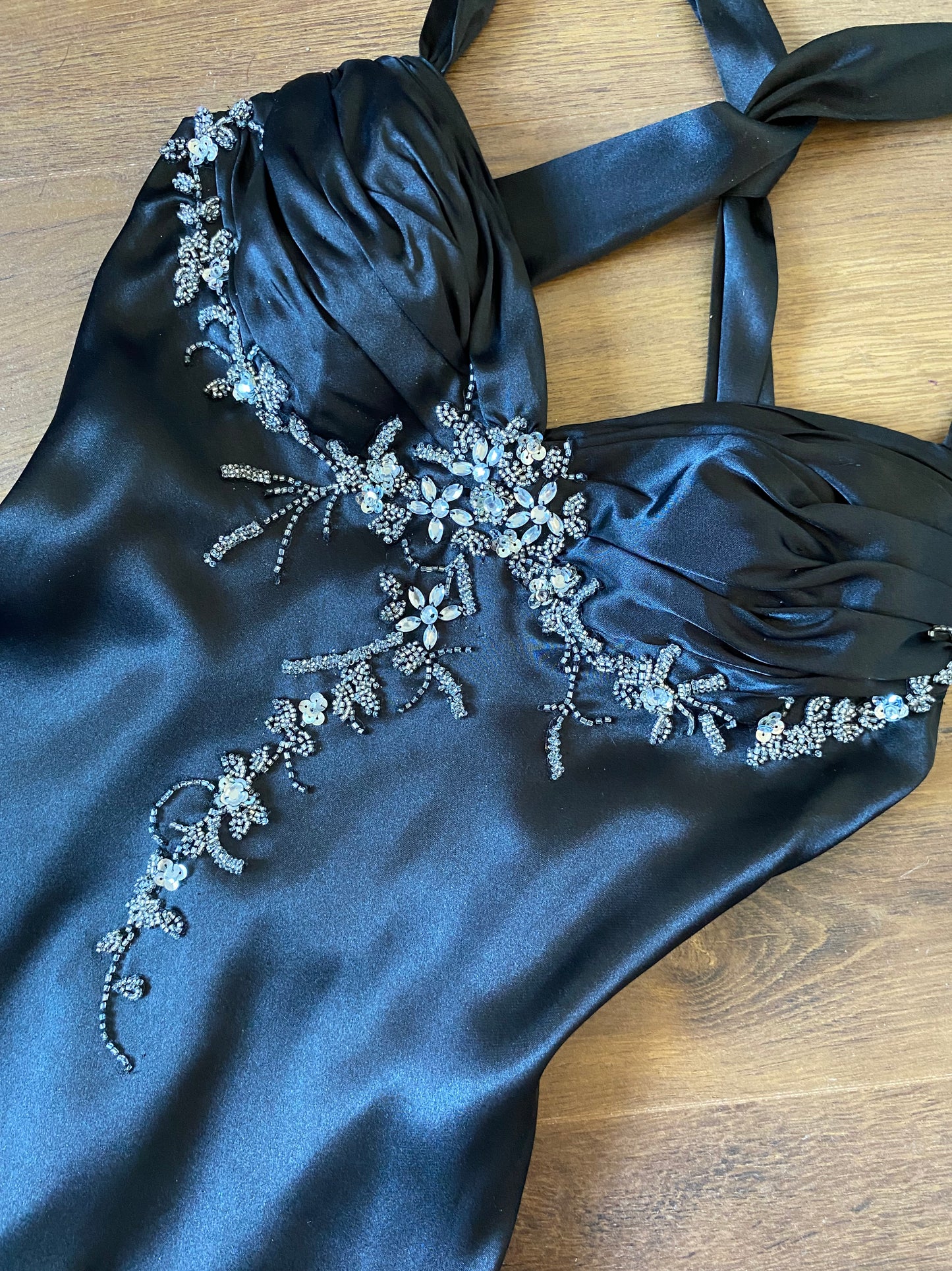 Dave & Johnny black satin fishtail evening dress UK 10