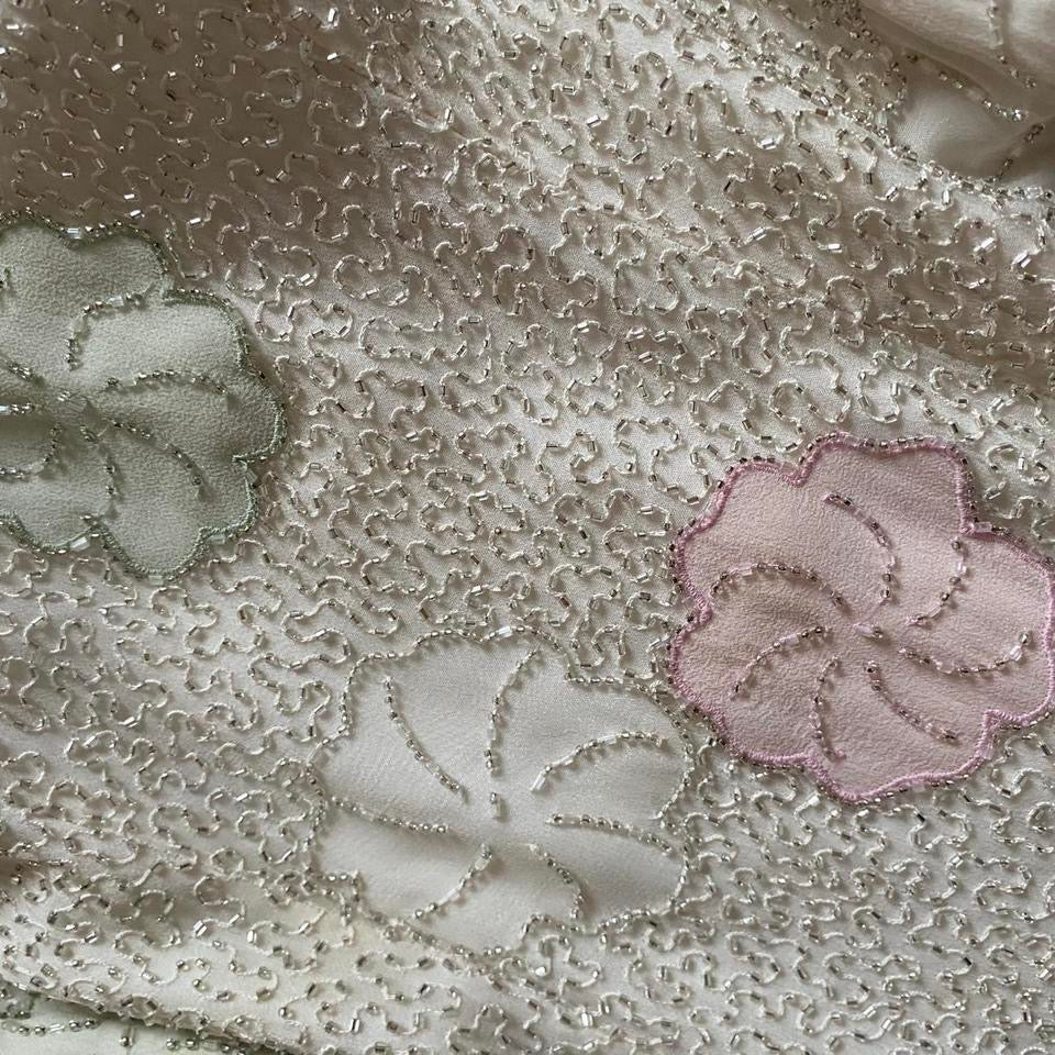 Off white beaded silk floral evening dress UK 10