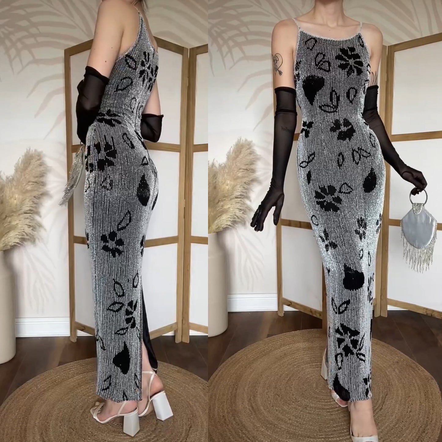 Black & white Serenade silk beaded gown uk 10-12