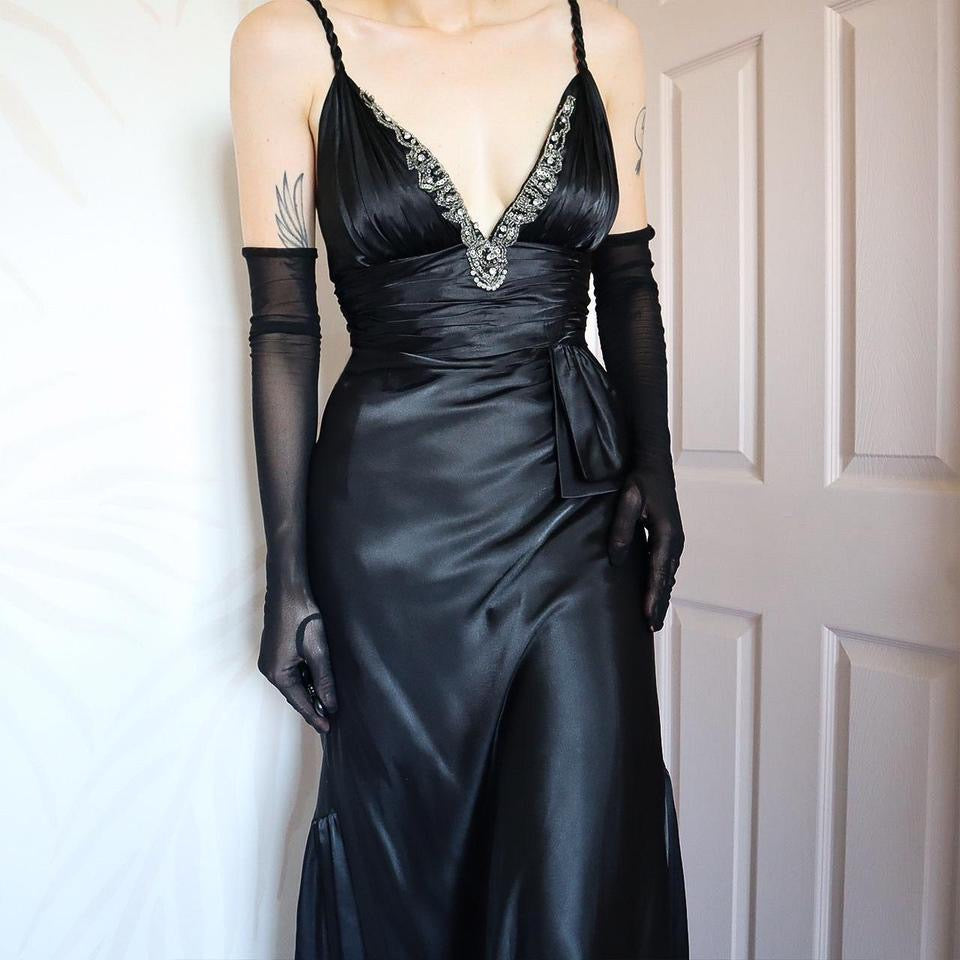 Dave & Johnny 90s Black Satin Evening Gown Prom Dress UK Size 8, 10 & 14