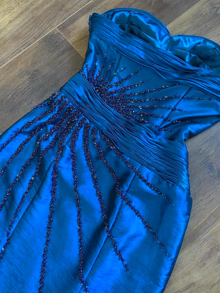 Dynasty blue beaded strapless prom dress uk 10-12