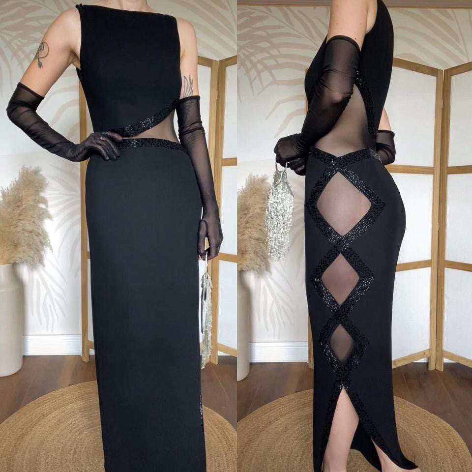Frank Usher black sheer panelled evening dress uk 10