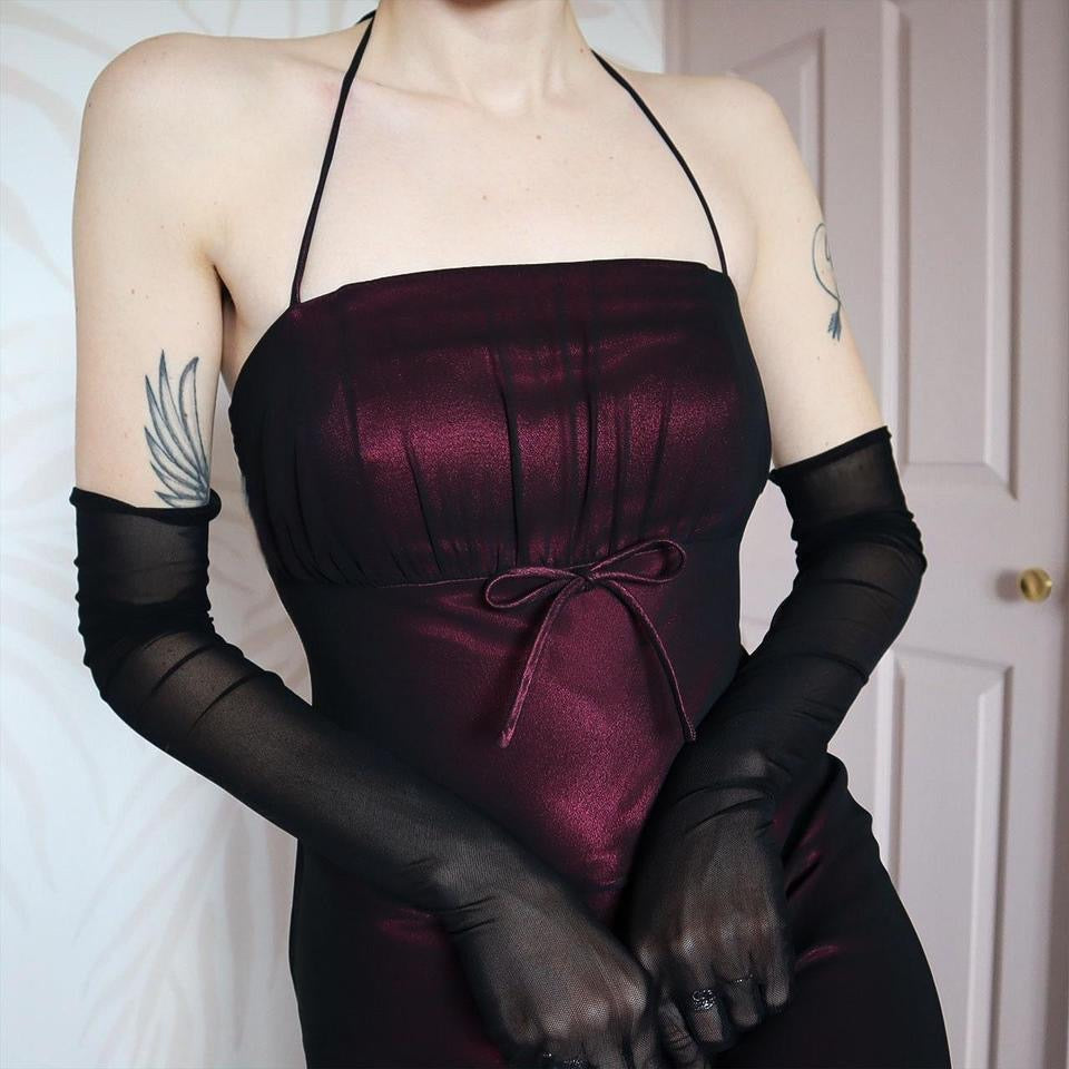 Vintage 90s Bhs dark overlay halter neck gown UK 16