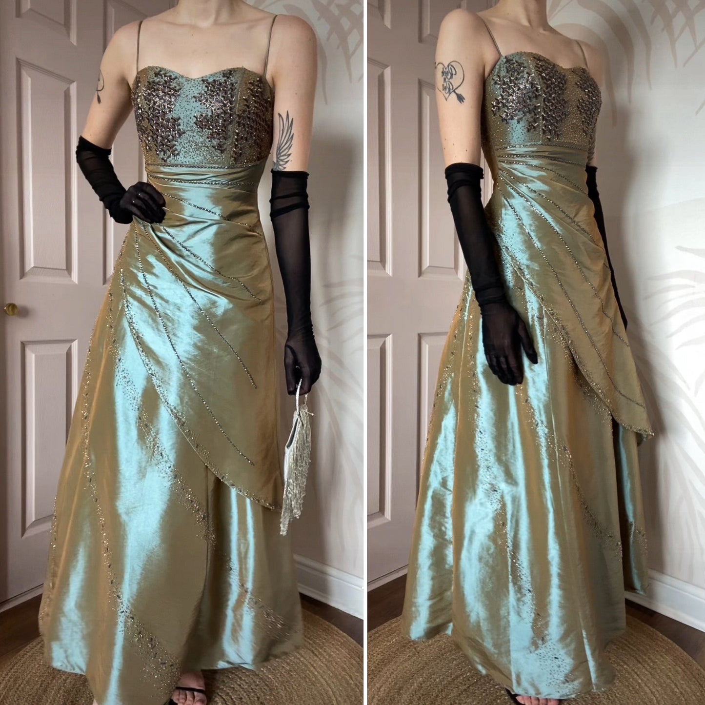 Tiffany Bling green beaded a-line prom dress & shawl UK 8