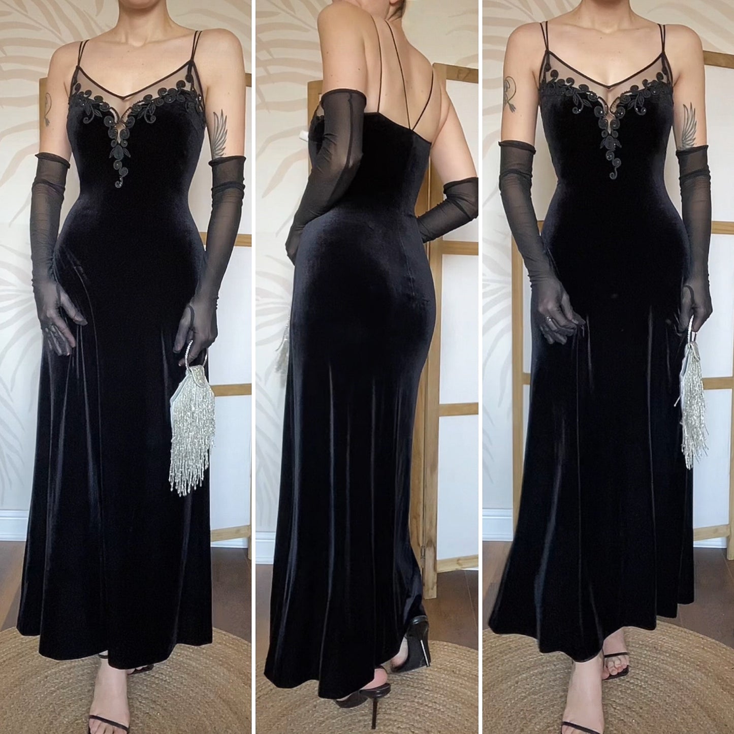 Debut stretch black velvet evening dress UK 14-16