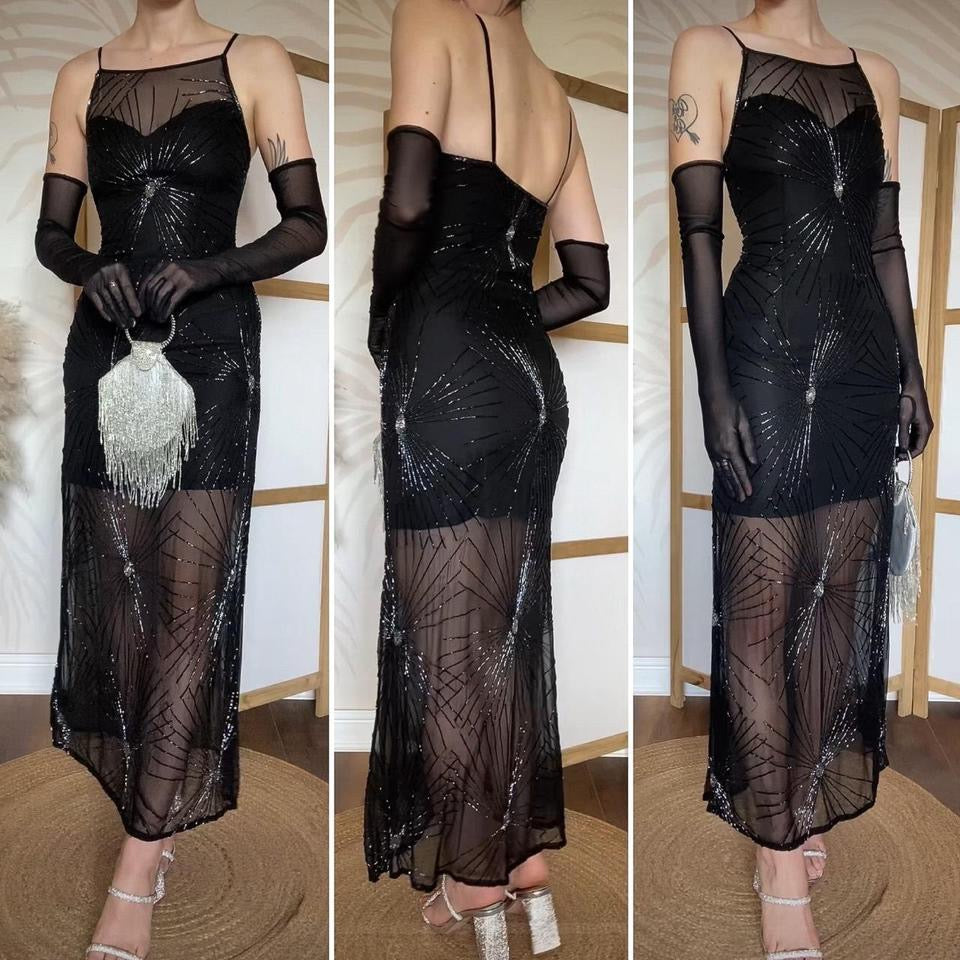 After Six black 100% silk beaded evening dress uk 8