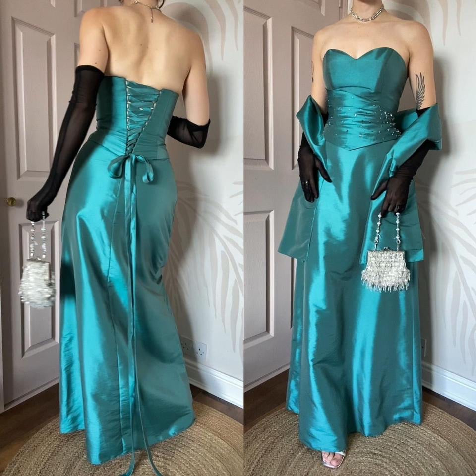 Teal Hilary Morgan strapless gown & shawl UK 12