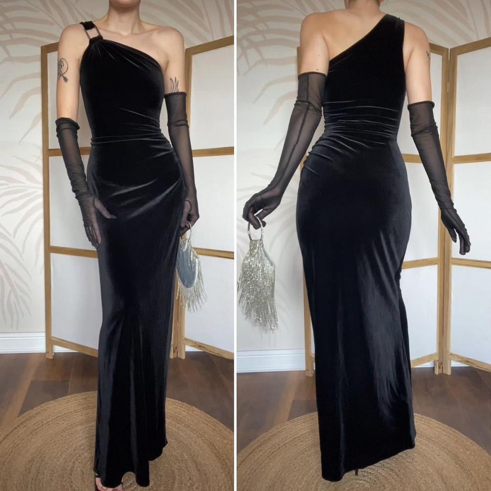 Laundry 90s black one shoulder velvet evening dress UK 12 & 14