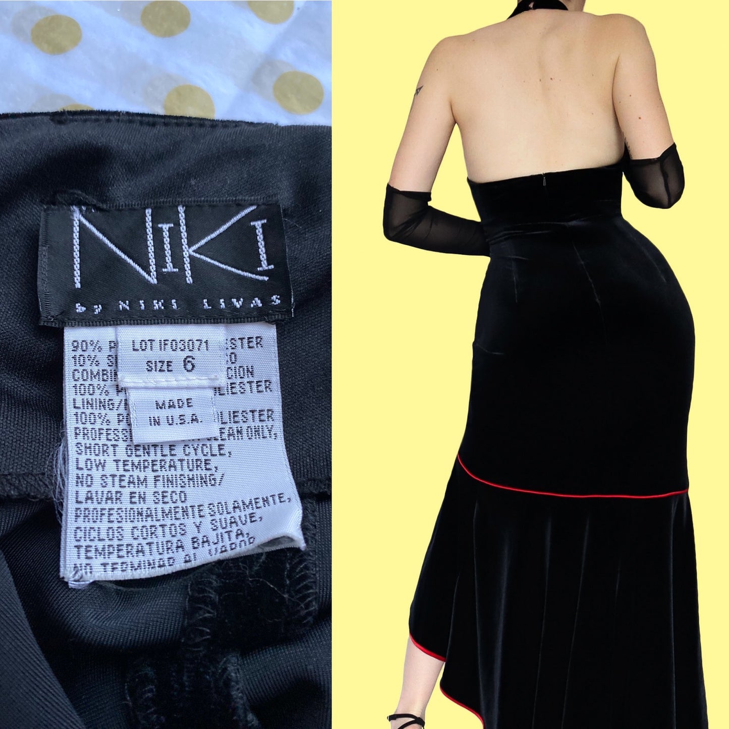 Vintage Niki Livas black velvet halter neck gown UK 12 & 14