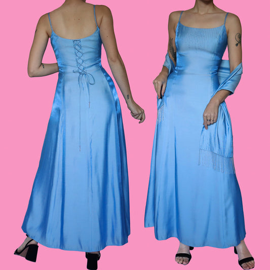 Baby blue beaded a-line dress & matching shawl UK 14