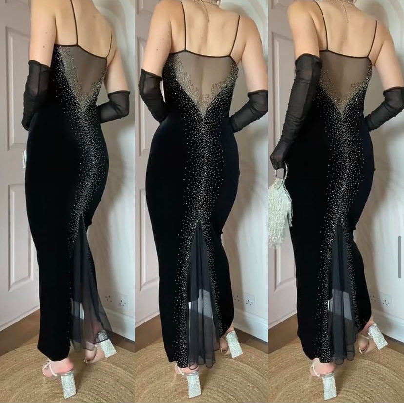 Black 90s Dave & Johnny velvet beaded stretch evening dress UK 8-10