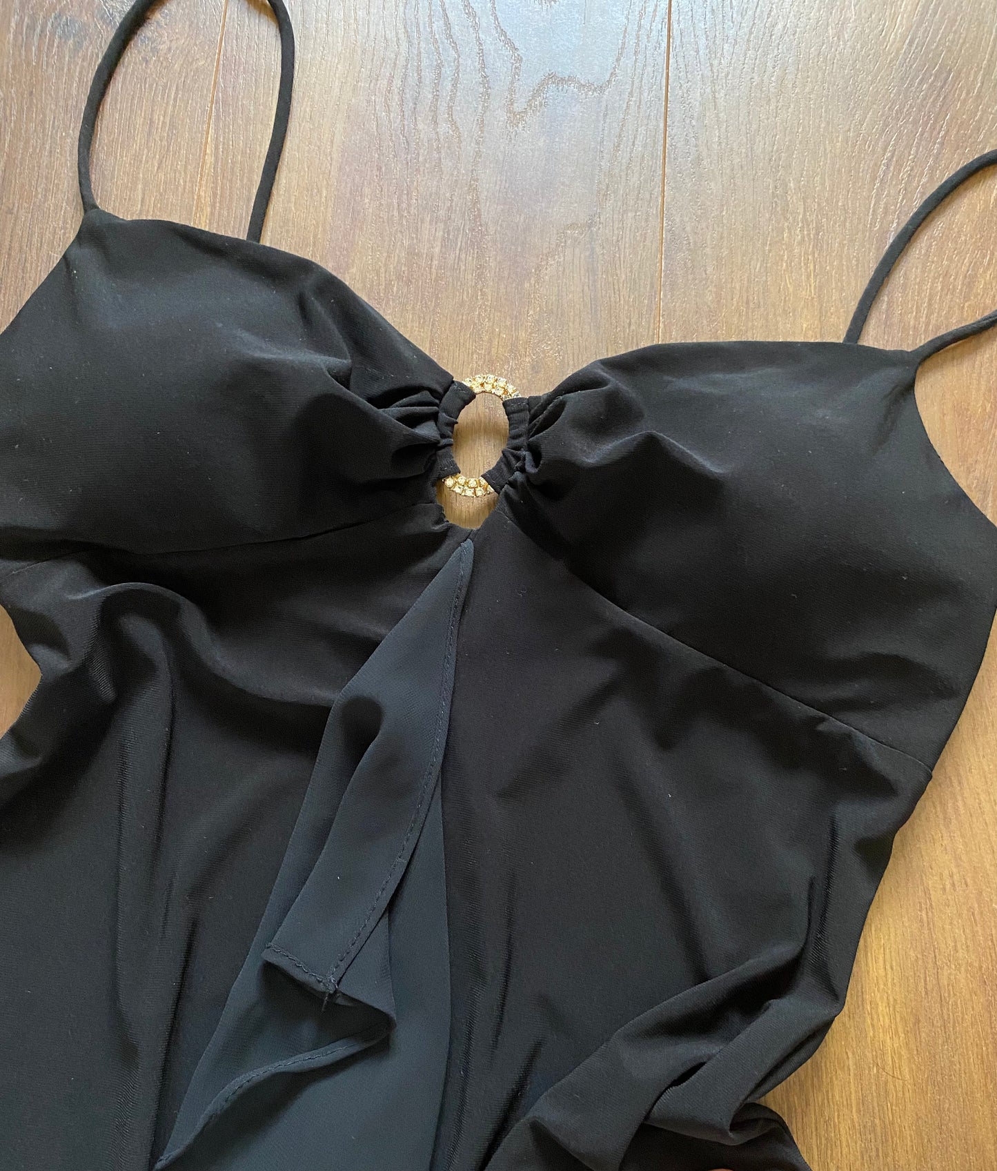 Black 90s stretch frill slip dress UK 12-14