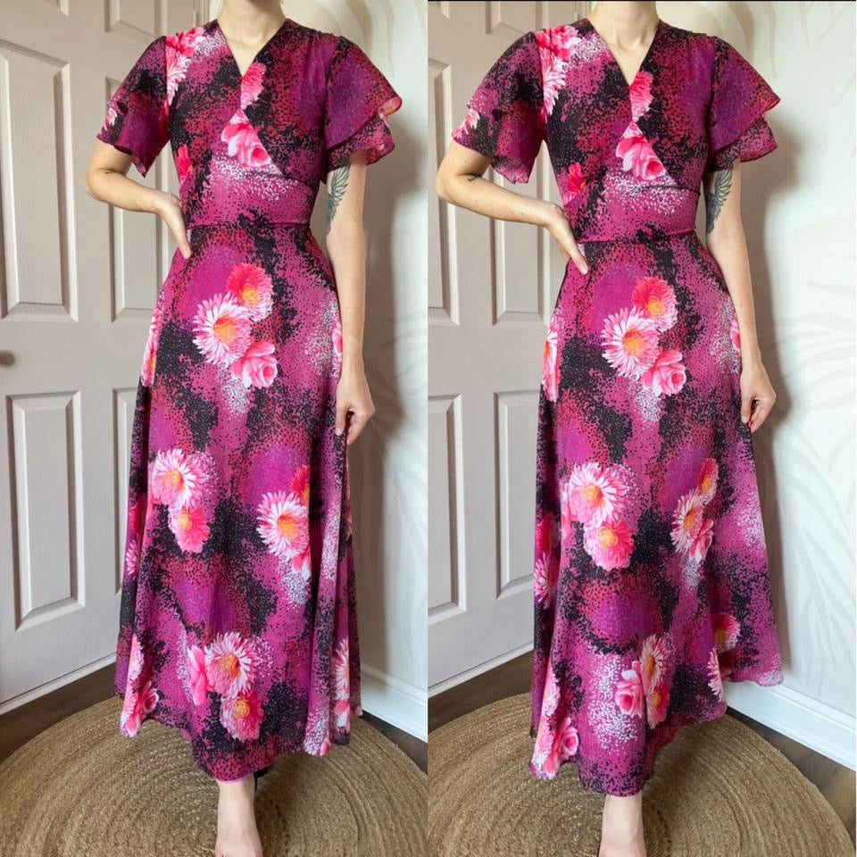 Vintage 70s Pink Floral Flared Sleeve A-Line Dress UK 8