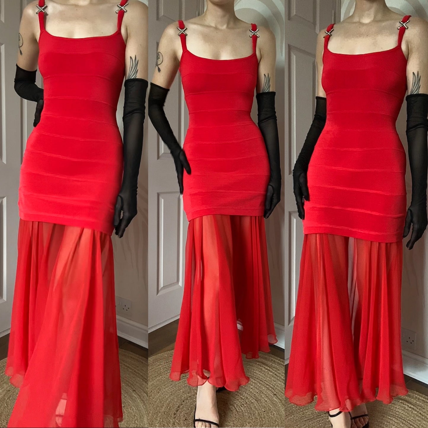 Beautiful bright red stretch diamanté evening dress UK 10