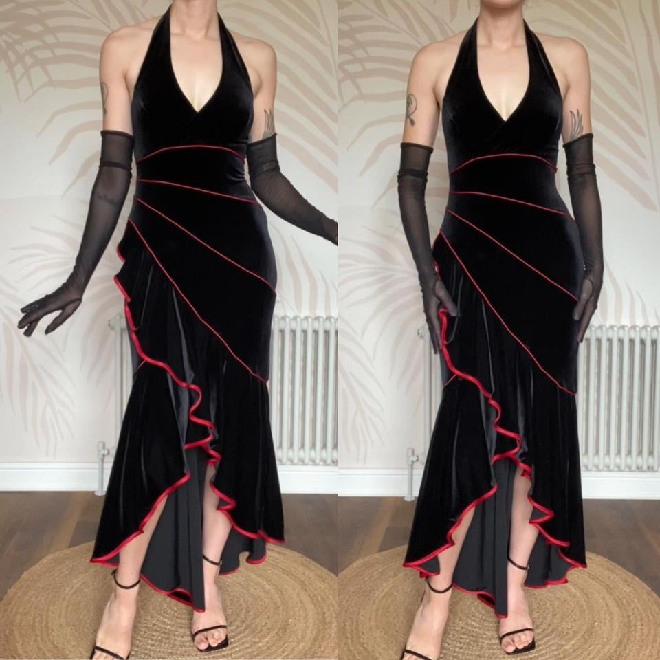 Vintage Niki Livas black velvet halter neck gown UK 12 & 14