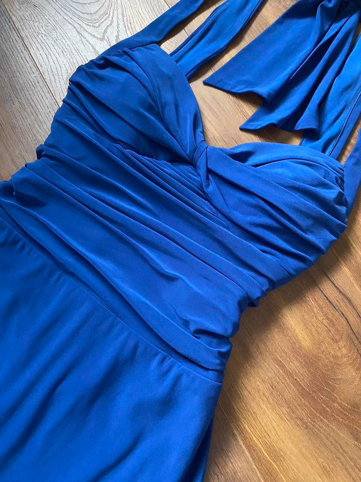 Niki Livas blue stretch evening dress uk 14