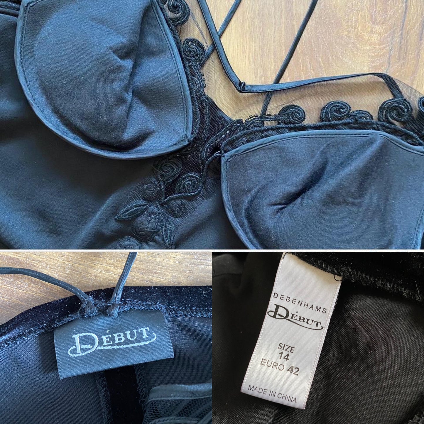 Debut stretch black velvet evening dress UK 14-16