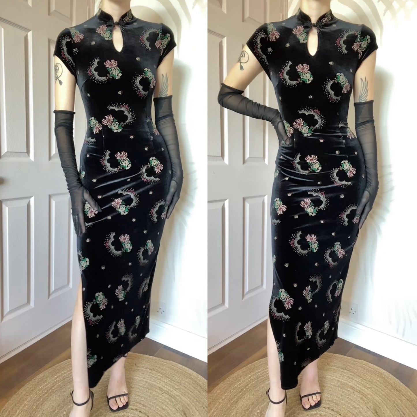 Black velvet print short sleeve dress UK 10 & UK 16