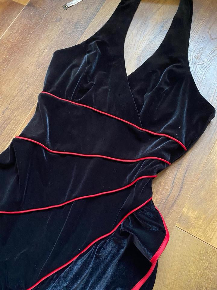 Vintage Niki Livas black velvet halter neck gown UK 14