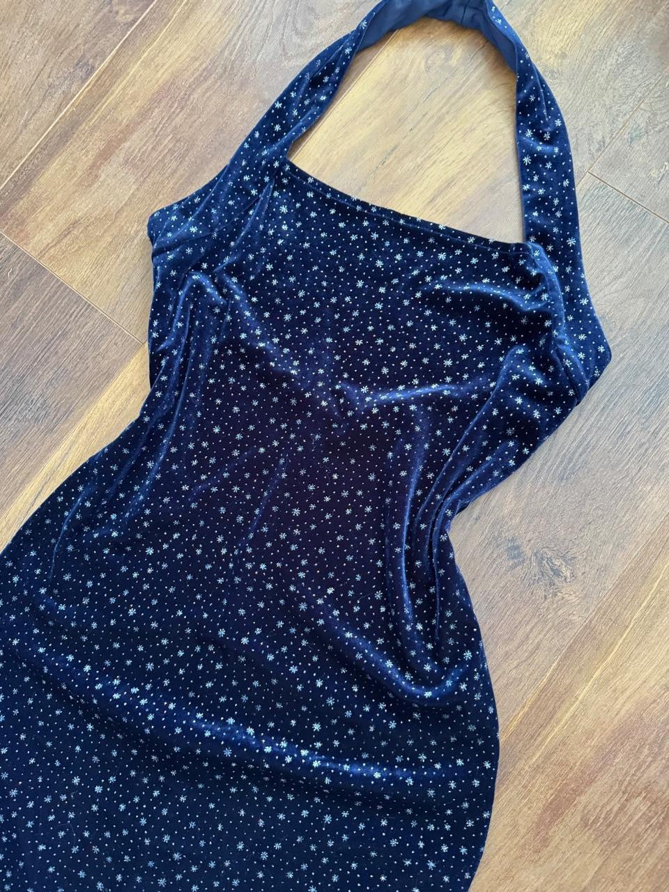 Navy velvet stretch halter neck evening dress uk 10