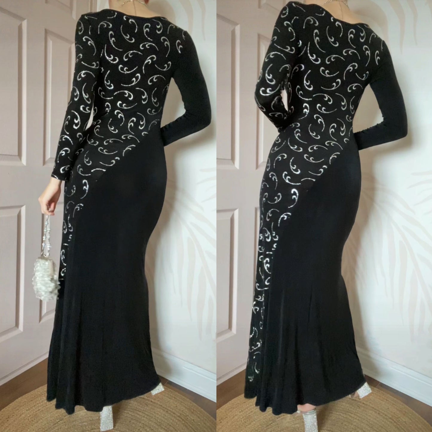 Bernshaw black stretch glitter long sleeve evening dress UK 10